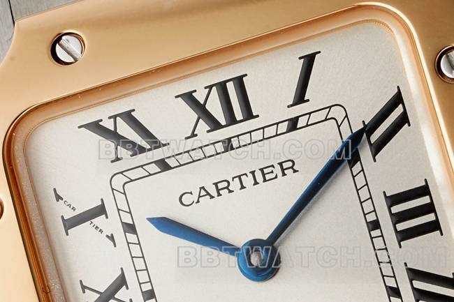 最佳复刻手表山度士卡地亚银盘玫瑰金圈石英机芯正面实拍图