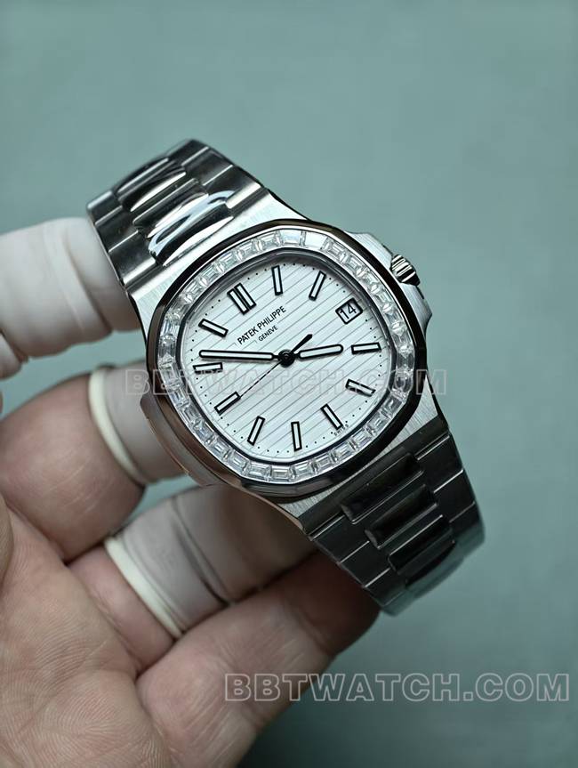 最优复刻手表鹦鹉螺百达翡丽真金真钻定制机械白盘钻圈正面实拍图