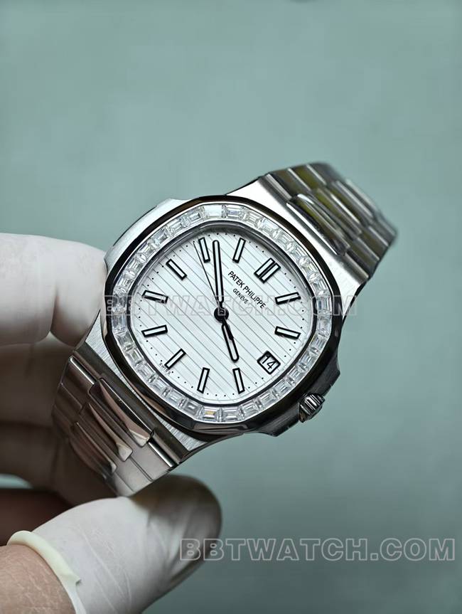 最优复刻手表鹦鹉螺百达翡丽真金真钻定制机械白盘钻圈正面实拍图