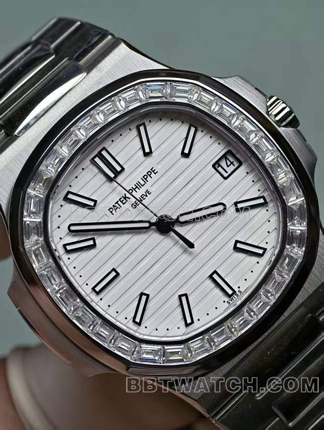 最优复刻手表鹦鹉螺百达翡丽真金真钻定制机械白盘钻圈正面实拍图