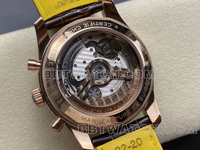 1:1复刻手表BLS厂绿黑盘百年灵航空计时玫瑰金皮带款背面实拍图