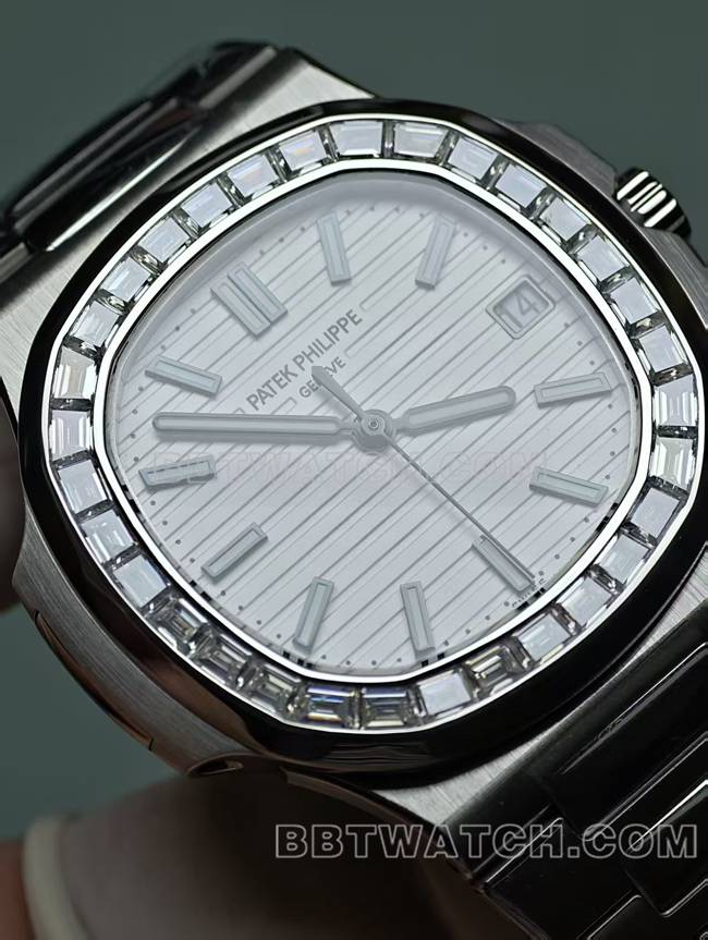 最优复刻手表鹦鹉螺百达翡丽真金真钻定制机械白盘钻圈正面实拍图