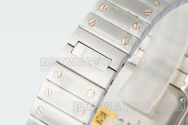 最佳复刻手表山度士卡地亚银盘玫瑰金圈石英机芯表带实拍图