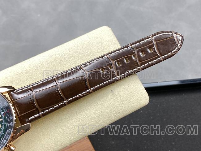 1:1复刻手表BLS厂绿黑盘百年灵航空计时玫瑰金皮带款表带实拍图