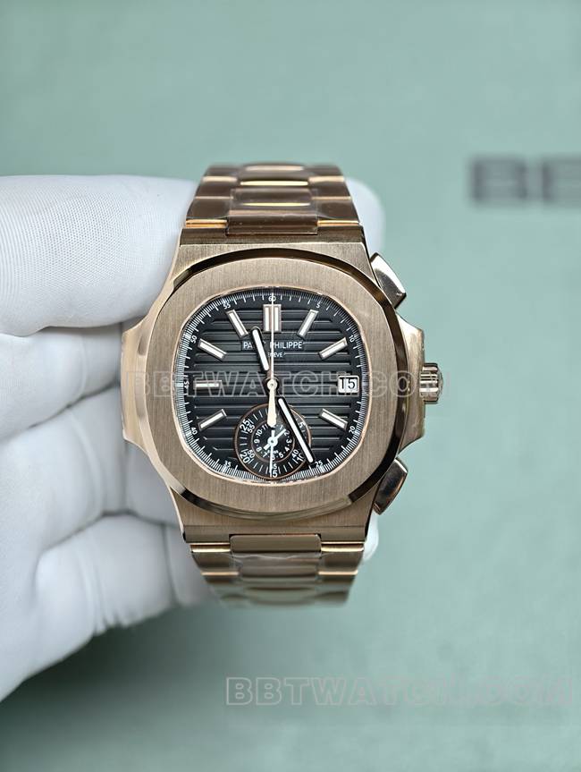 1:1复刻手表鹦鹉螺百达翡丽真金真钻定制机械黑盘玫瑰金正面实拍图