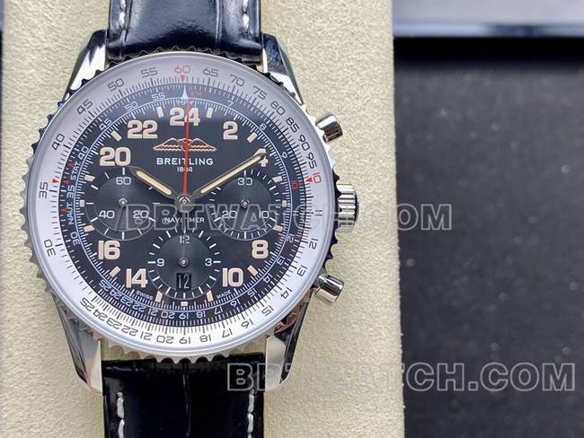 超级克隆手表BLS厂黑白盘百年灵航空计时皮带款正面实拍图