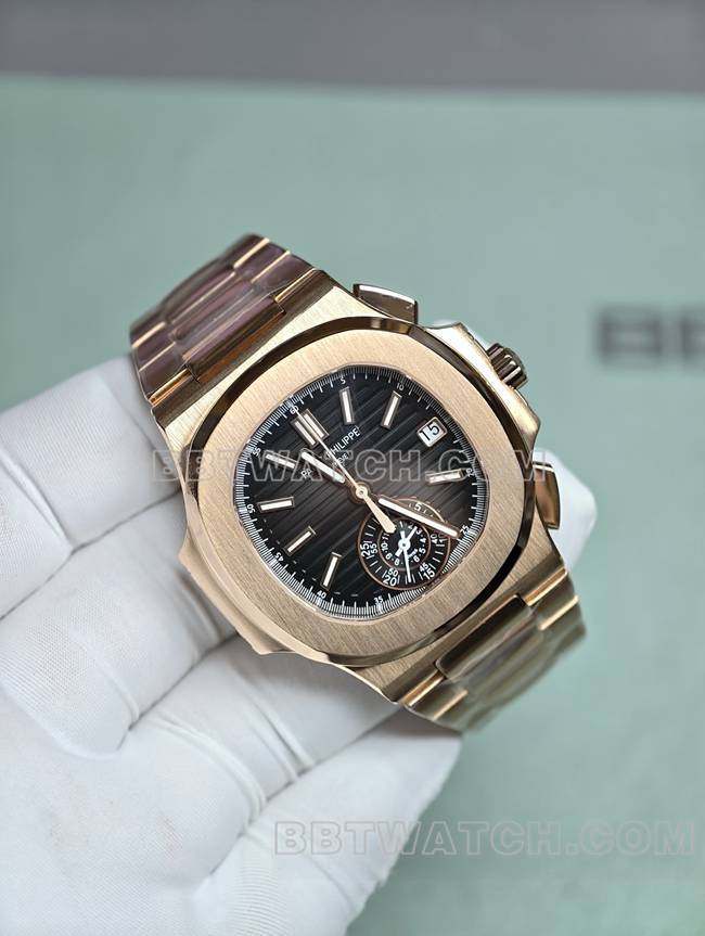 1:1复刻手表鹦鹉螺百达翡丽真金真钻定制机械黑盘玫瑰金正面实拍图