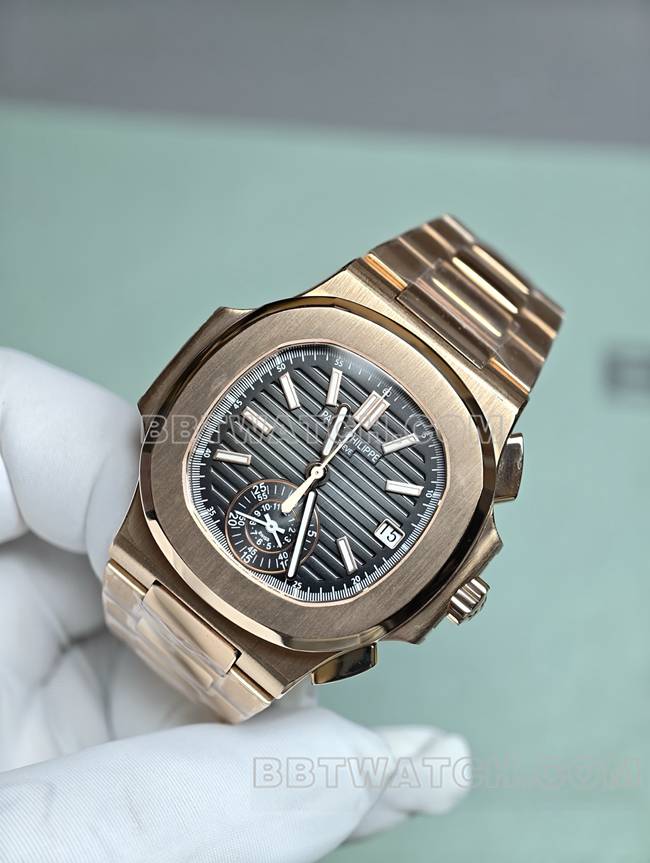 1:1复刻手表鹦鹉螺百达翡丽真金真钻定制机械黑盘玫瑰金正面实拍图