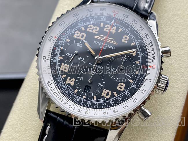 超级克隆手表BLS厂黑白盘百年灵航空计时皮带款正面实拍图