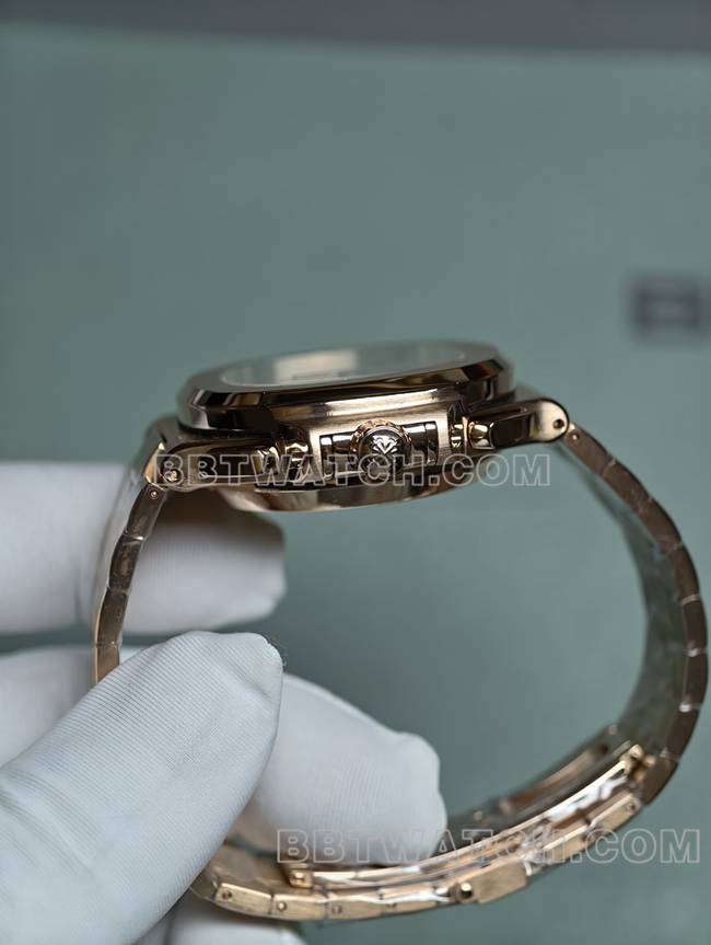1:1复刻手表鹦鹉螺百达翡丽真金真钻定制机械黑盘玫瑰金侧面实拍图
