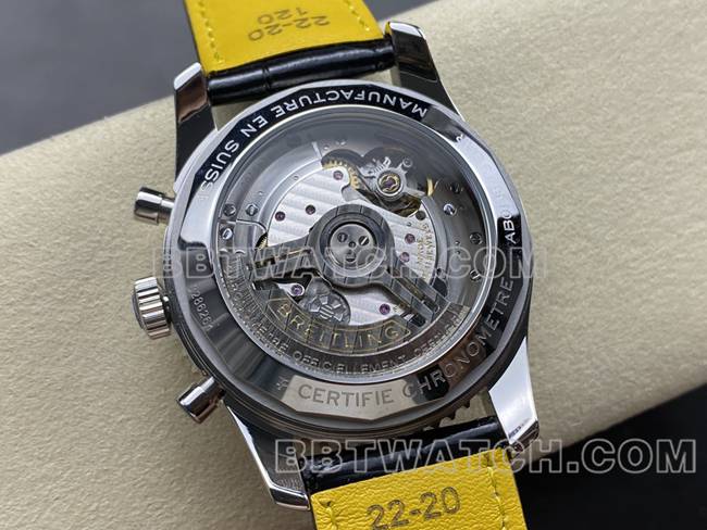 超级克隆手表BLS厂黑白盘百年灵航空计时皮带款背面实拍图