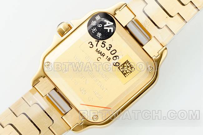 顶级复刻手表卡地亚银盘山度士石英机芯黄金表带背面实拍图