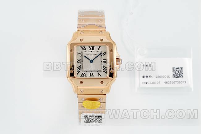 Beste Replik Uhren Cartier Silber Platte Santos Quarzwerk Rose Gold Armband vorne echtes Bild