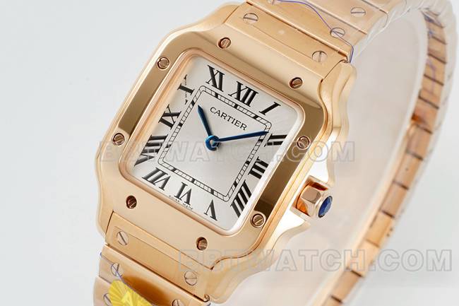 Beste Replik Uhren Cartier Silber Platte Santos Quarzwerk Rose Gold Armband vorne echtes Bild
