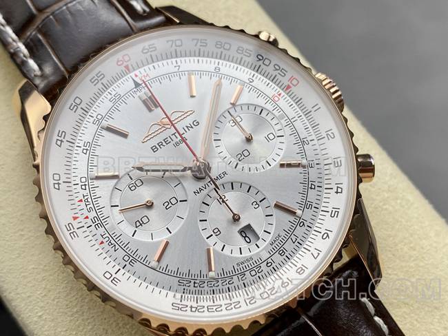 最佳复刻手表BLS厂银白盘百年灵航空计时玫瑰金皮带款正面实拍图