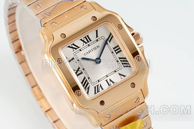 Beste Replik Uhren Cartier Silber Platte Santos Quarzwerk Rose Gold Armband vorne echtes Bild