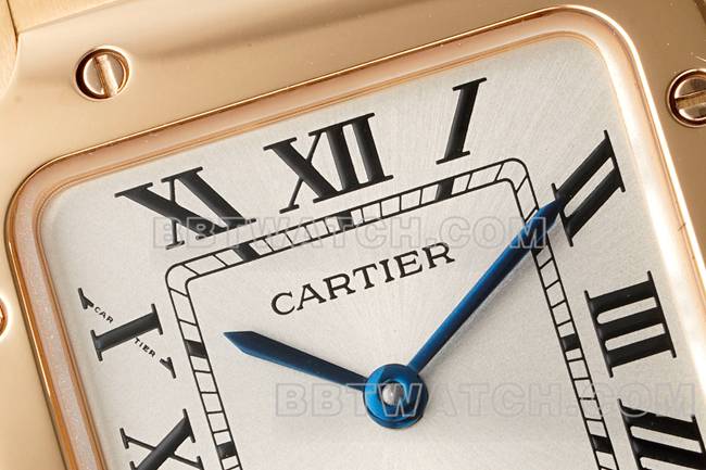 Beste Replik Uhren Cartier Silber Platte Santos Quarzwerk Rose Gold Armband vorne echtes Bild