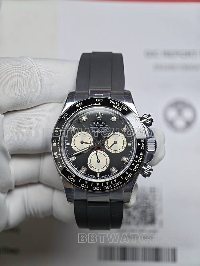 真金真钻定制迪通拿劳力士最佳复刻手表黑盘橡胶表带正面实拍图