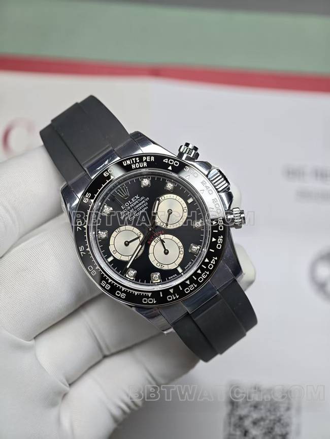 真金真钻定制迪通拿劳力士最佳复刻手表黑盘橡胶表带正面实拍图
