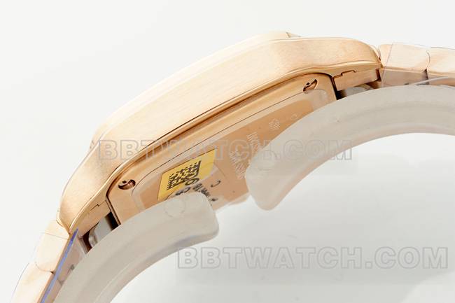 最优复刻手表卡地亚银盘山度士石英机芯玫瑰金表带侧面实拍图