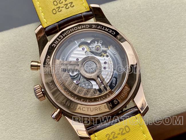 最佳复刻手表BLS厂银白盘百年灵航空计时玫瑰金皮带款背面实拍图