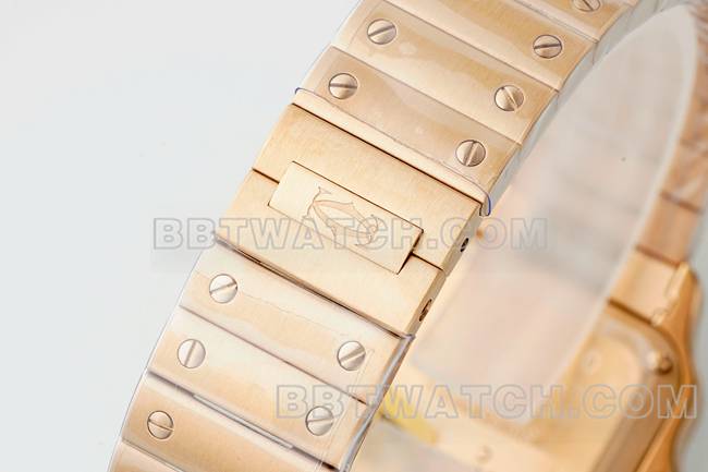 最优复刻手表卡地亚银盘山度士石英机芯玫瑰金表带表带实拍图