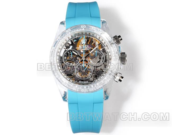 超级克隆手表TW厂迪通拿劳力士透明壳蓝色橡胶表带正面实拍图