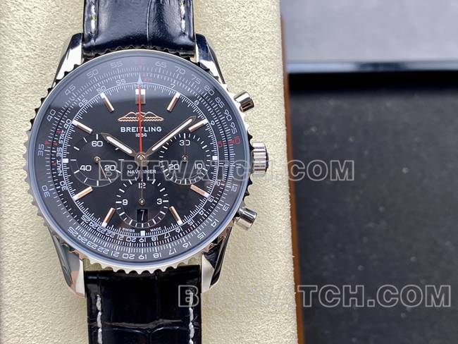 顶级复刻手表BLS厂航空计时百年灵黑盘皮带款正面实拍图