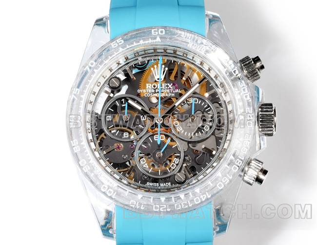 超级克隆手表TW厂迪通拿劳力士透明壳蓝色橡胶表带正面实拍图
