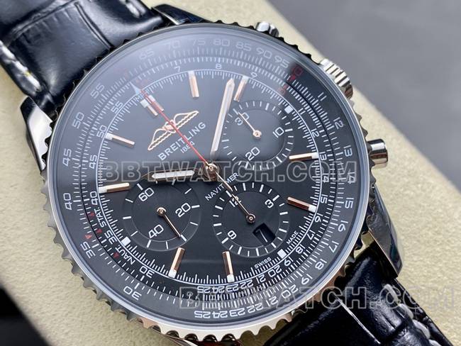 顶级复刻手表BLS厂航空计时百年灵黑盘皮带款正面实拍图