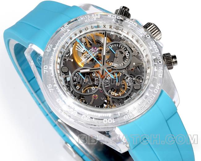 超级克隆手表TW厂迪通拿劳力士透明壳蓝色橡胶表带正面实拍图