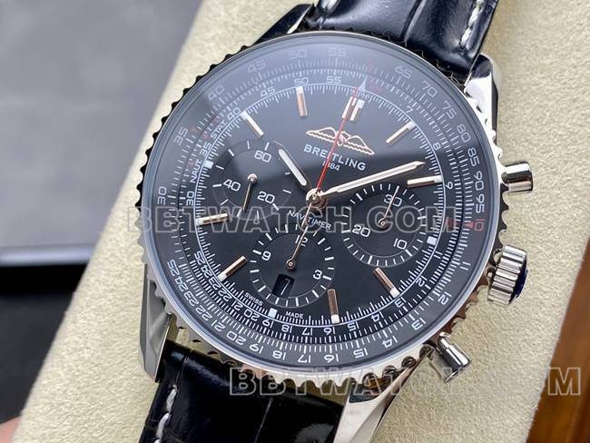 顶级复刻手表BLS厂航空计时百年灵黑盘皮带款正面实拍图