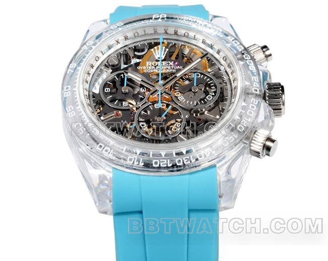 超级克隆手表TW厂迪通拿劳力士透明壳蓝色橡胶表带正面实拍图