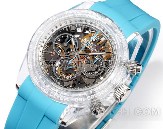 超级克隆手表TW厂迪通拿劳力士透明壳蓝色橡胶表带正面实拍图