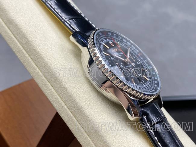 顶级复刻手表BLS厂航空计时百年灵黑盘皮带款侧面实拍图