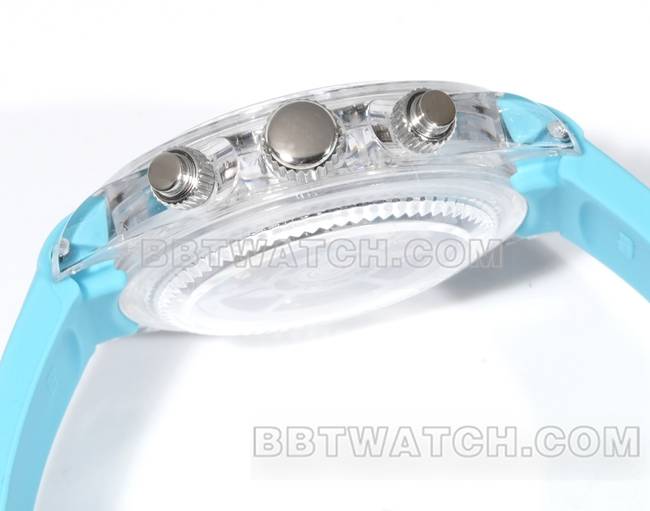 超级克隆手表TW厂迪通拿劳力士透明壳蓝色橡胶表带侧面实拍图