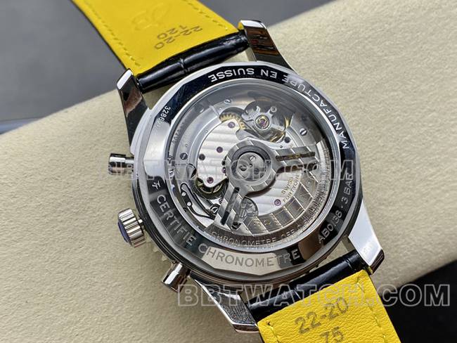 顶级复刻手表BLS厂航空计时百年灵黑盘皮带款背面实拍图