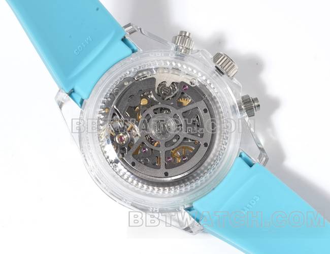 超级克隆手表TW厂迪通拿劳力士透明壳蓝色橡胶表带背面实拍图