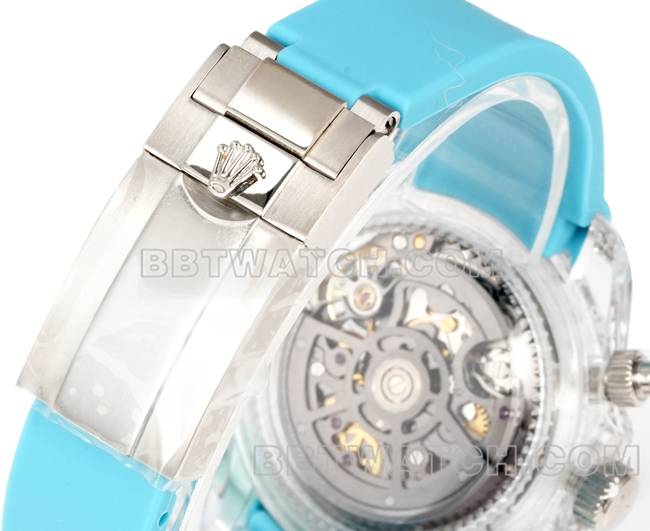 超级克隆手表TW厂迪通拿劳力士透明壳蓝色橡胶表带表带实拍图