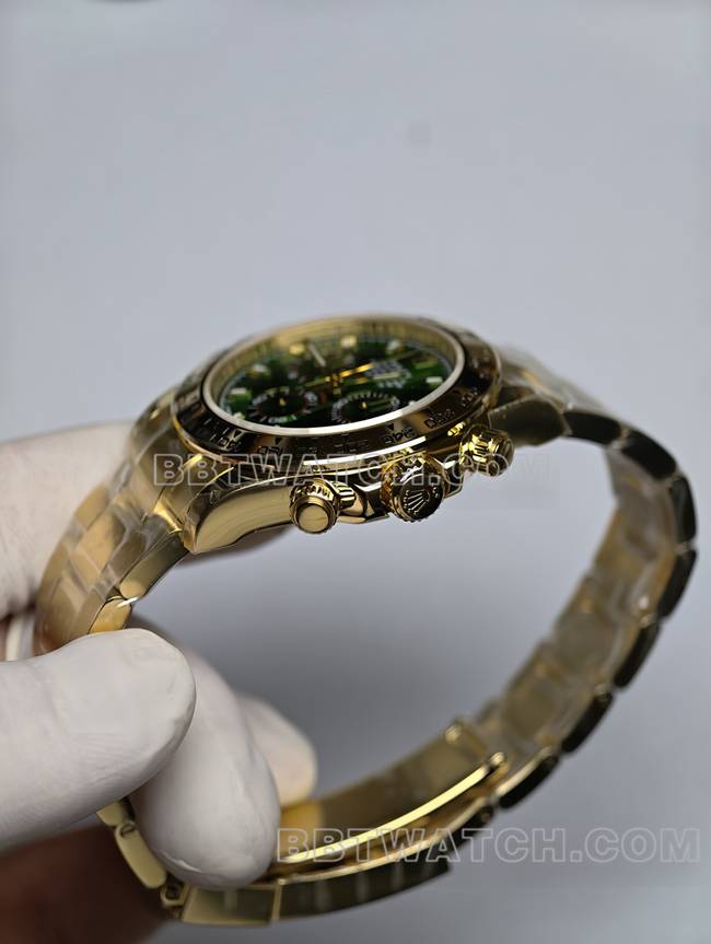 迪通拿真金真钻定制劳力士最优复刻手表黄金绿盘侧面实拍图