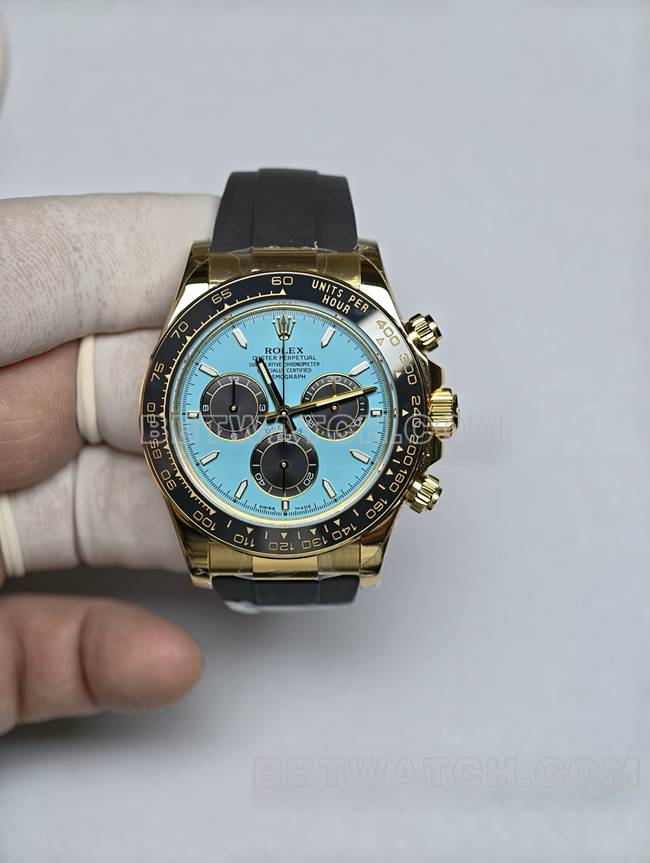 1:1复刻手表劳力士浅蓝盘迪通拿真金真钻定制黄金正面实拍图