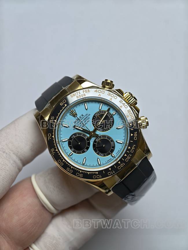 1:1复刻手表劳力士浅蓝盘迪通拿真金真钻定制黄金正面实拍图