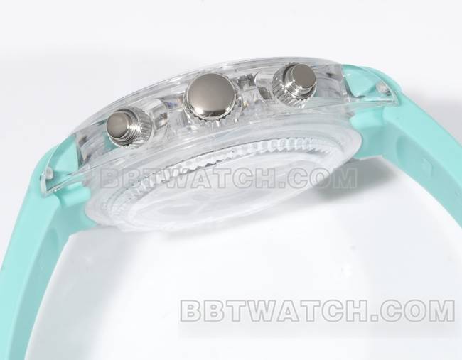 最佳复刻手表TW厂迪通拿劳力士透明壳绿色橡胶表带侧面实拍图