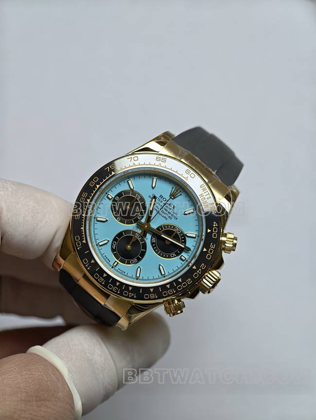 1:1复刻手表劳力士浅蓝盘迪通拿真金真钻定制黄金正面实拍图