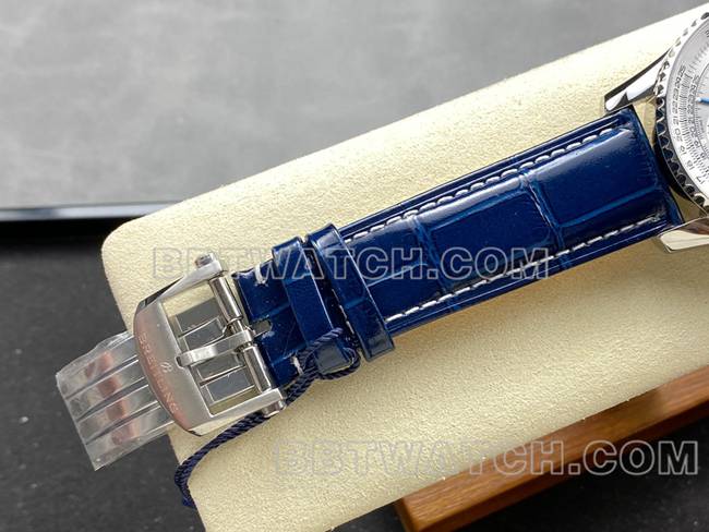 最优复刻手表BLS厂航空计时百年灵银白盘蓝色皮带款表扣实拍图