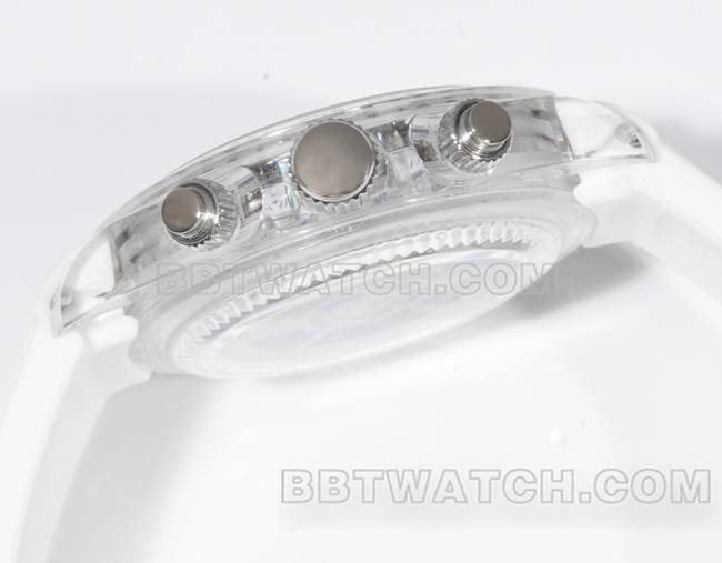 顶级复刻手表TW厂迪通拿劳力士透明壳白色橡胶表带侧面实拍图