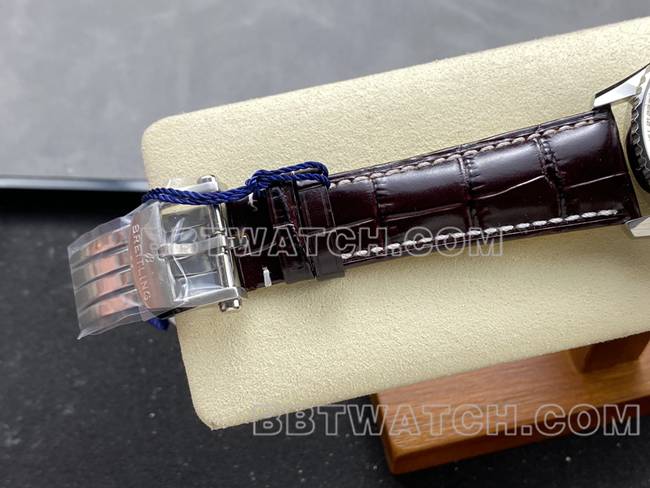 1:1复刻手表BLS厂航空计时百年灵银白盘棕色皮带款表扣实拍图