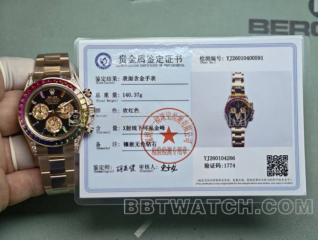 超级克隆手表劳力士黑盘迪通拿真金真钻定制彩虹钻圈玫瑰金正面实拍图