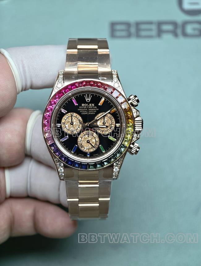 超级克隆手表劳力士黑盘迪通拿真金真钻定制彩虹钻圈玫瑰金正面实拍图