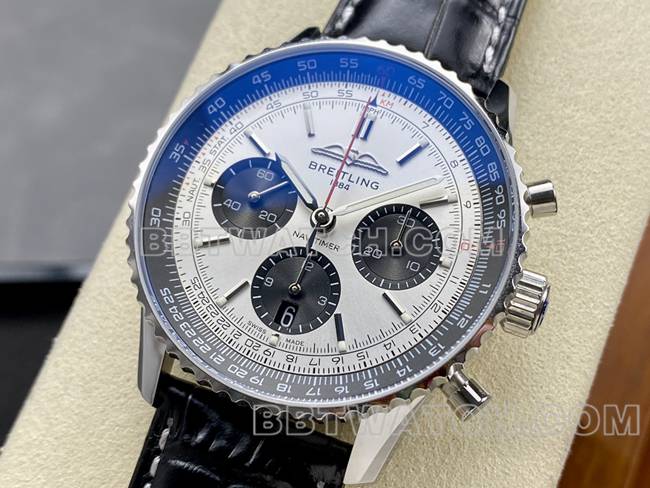 超级克隆手表BLS厂航空计时百年灵银灰盘棕色皮带款正面实拍图